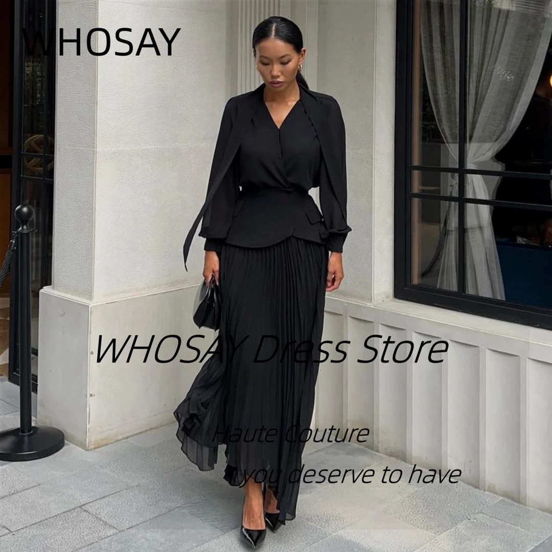 WHOSAY Office Lady Wear Two Pieces Black Dress Long Sleeves Evening Gowns Pleats Asymmetrical Vestidos Party Prom Dresses