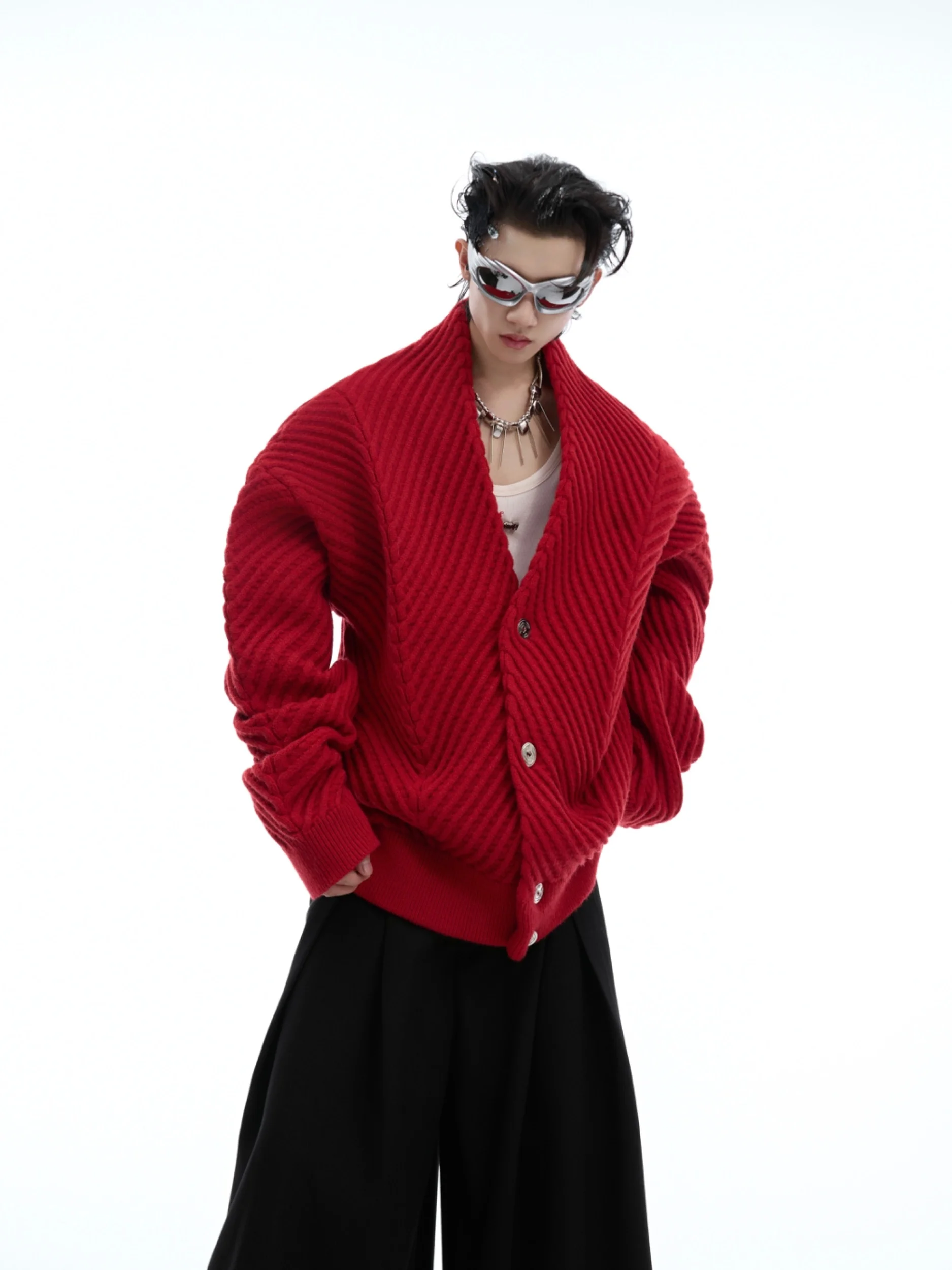 ArguE Autumn Winter Thickened Metal Button Loose Knitted Sweater Large V-neck Silhouette Casual Fashion Warm Cotton Wool Blend