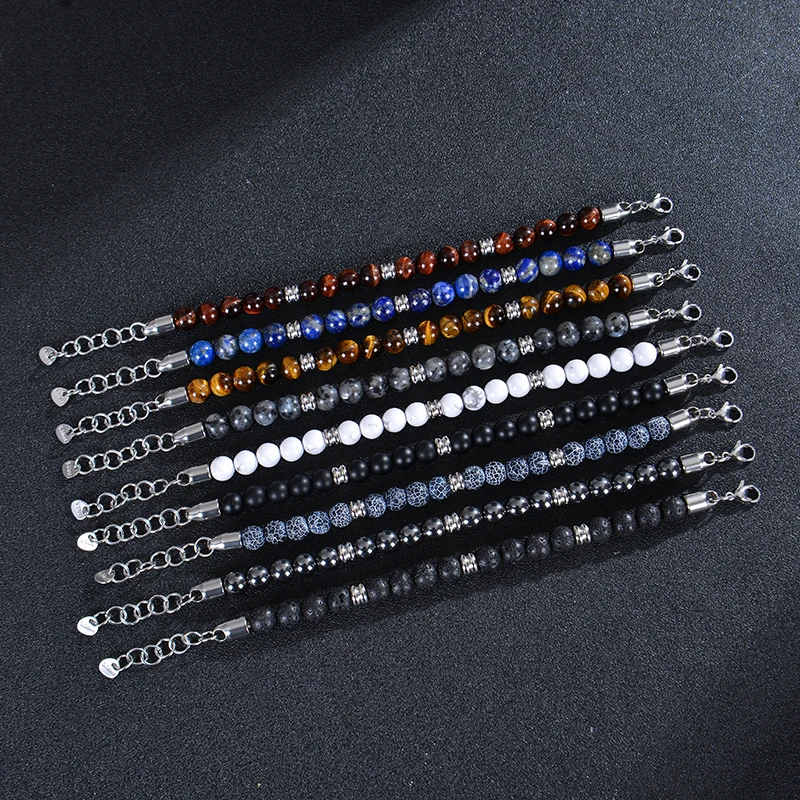 8mm Natural Stone Lapis Lazuli Beaded Bracelet Adjustable Stainless Steel Chain Bracelet for Men Women Handmade Jewelry Gifts