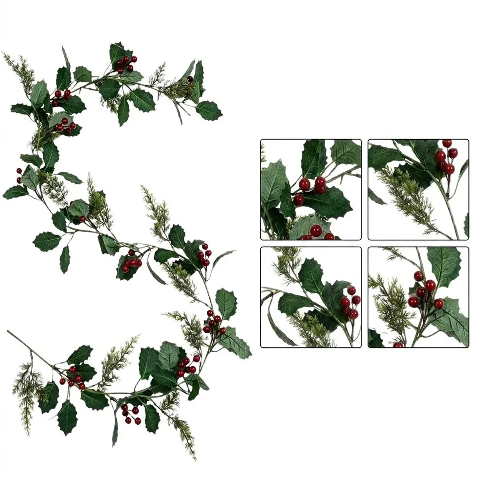 2Pcs 175cm Artificial Christmas Garland With Holly Berries Pine Sprigs Flexible Wire Vine For Home Party Holiday Decoration