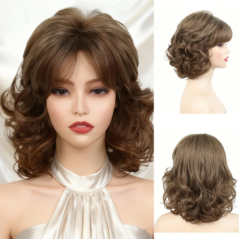 

Светло-коричневый женский волнистый синтетический парик средней длины с челкой, акриловые волосы, стильный повседневный вариант, идеальный парик для молодых женщин