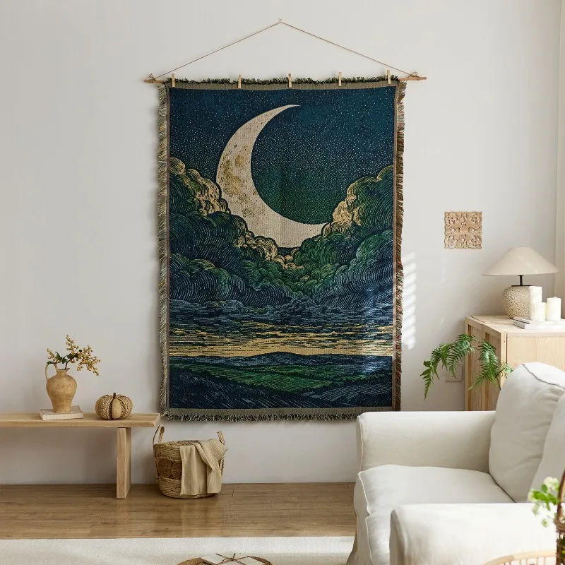 Retro star and moon cloud scene hanging cloth, art style fabric hanging painting, homestay wall decoration