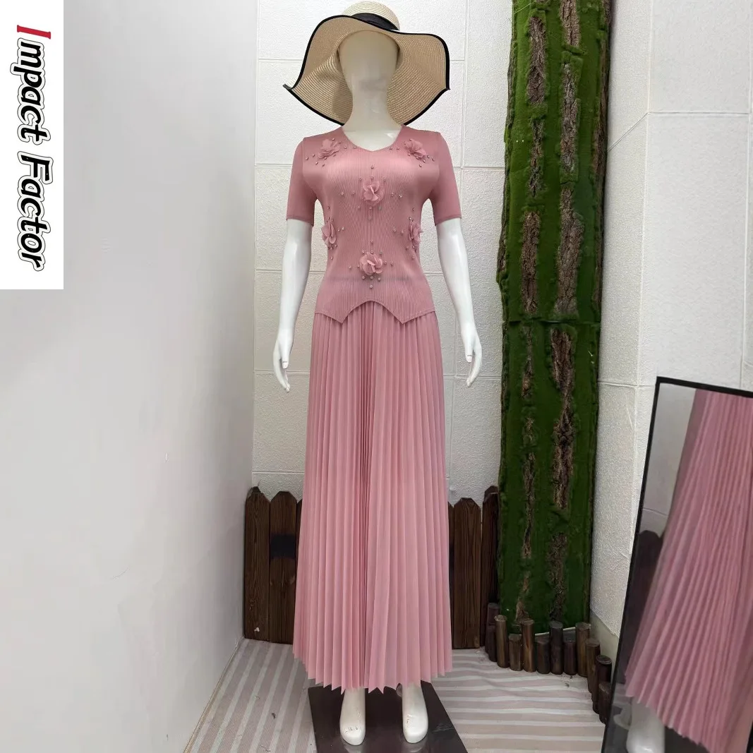 

Miyake плиссированный однотонный топ с цветочным принтом, новинка лета 2025 г., свободный элегантный женский комплект из двух предметов нестандартной формы