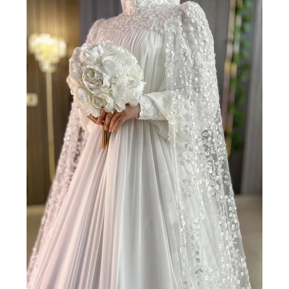 Robe de Mariée Trapèze à Manches sulfet Col Haut, Vêtement Personnalisé avec Appliques Perlées, Châle, Longueur au Sol, Style Musulman, avec Traîne