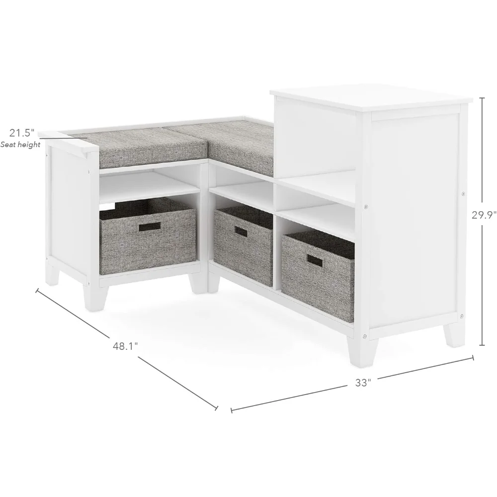 Angolo angolare per bambini - Lino bianco: panca portaoggetti in legno, organizer per libreria con cuscino del sedile e contenitori in tessuto