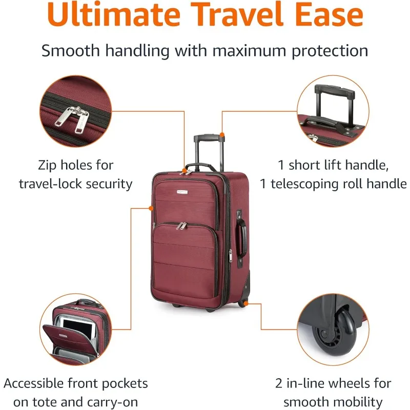 Conjuntos de bagagem, uma mala de mão macia de 23 polegadas e uma sacola de 15 polegadas, mala com rodas, espaço extra expansível (+ 15%)
