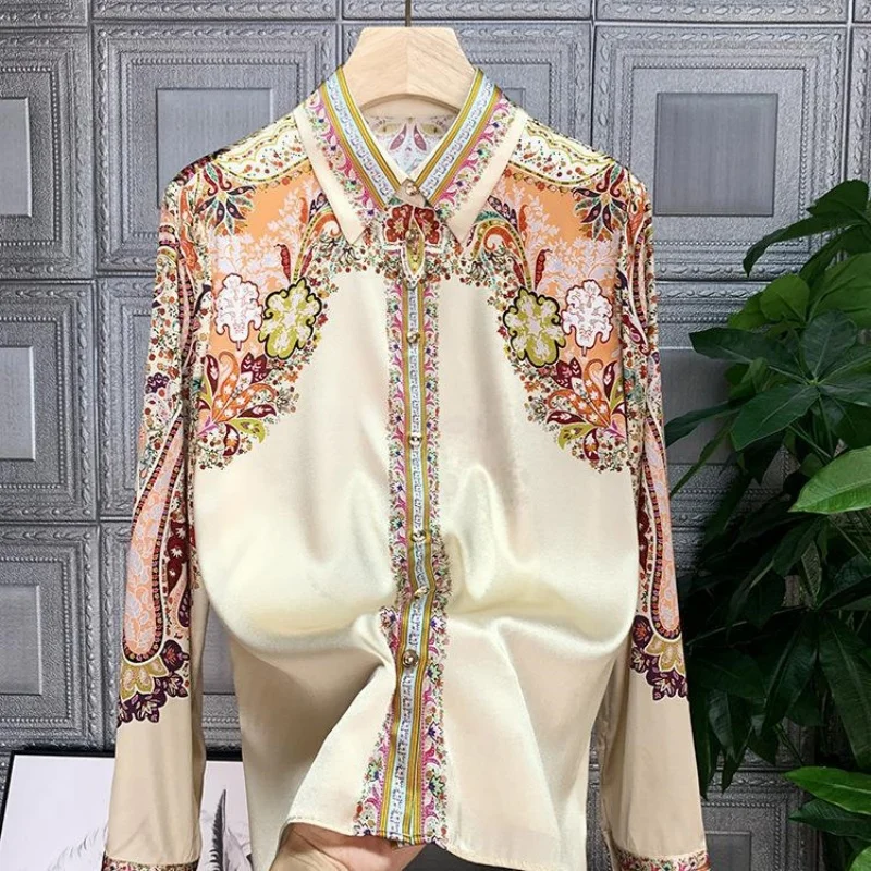 New Fashion Floral Print Women Shirts Satin Tops Long Sleeve Silk Blouses Office Lady Elegant Clothing