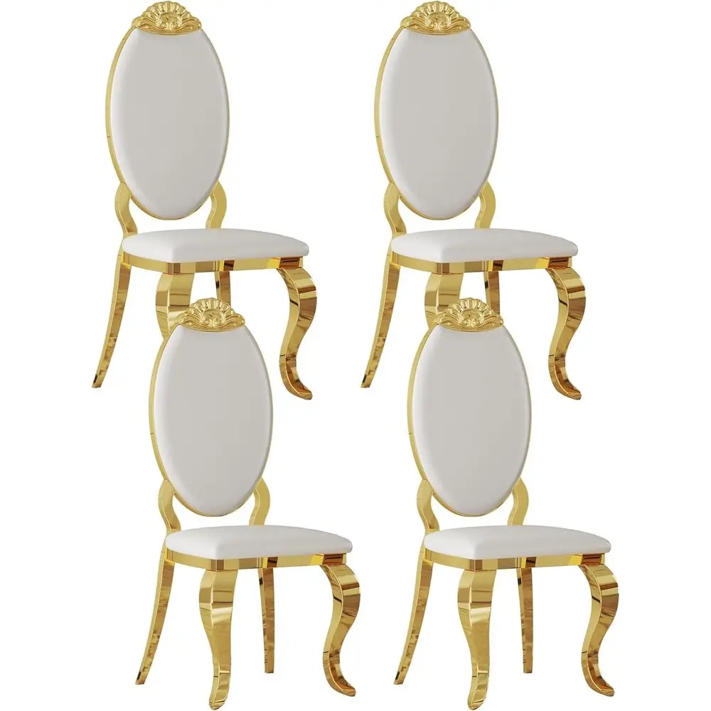 

Elegant White Leather Armchairs Set of 4, Vintage High Back with Gold Steel Legs for Living and Dining Rooms