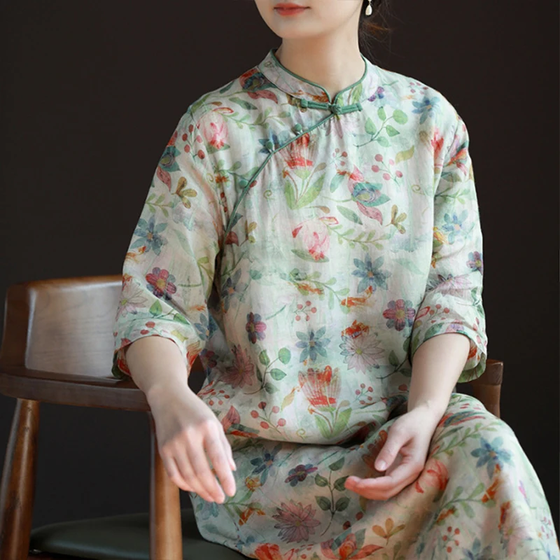 Nowa chińska dama Cheongsam Qipao letnia etniczna elegancki kwiatowy Ramie długa sukienka stojący kołnierz Retro ulepszona Qipao