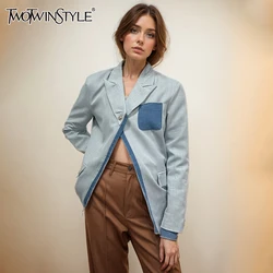 TWOTWINSTYLE Giacca da donna firmata Colorblock con tasca impiombata per donna Colletto dentellato Manica lunga Patchwork Denim Chic Blazer Donna