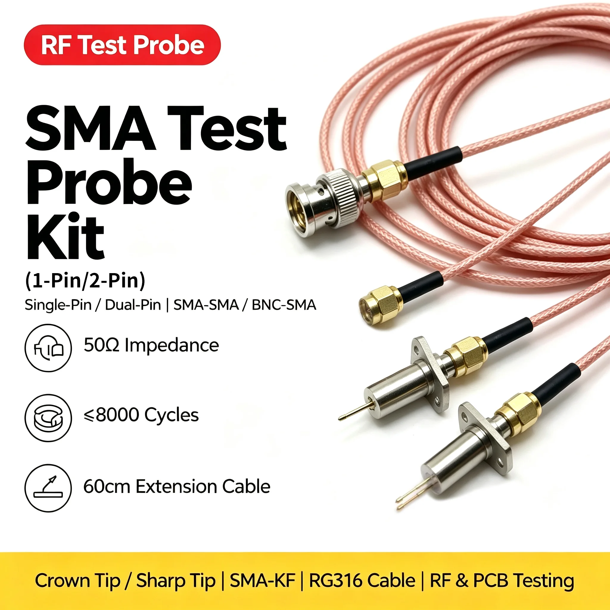 DYKB SMA-KF RF Test Probe Single-Pin Dual-Pin Crown Tip Sharp Tip 60cm SMA-SMA BNC-SMA Cable High-Frequency Phone Test Head