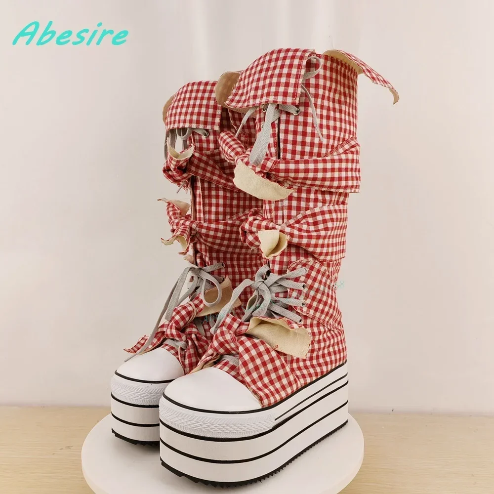 Black and White Checkered Platform Knee High Boots Wedges Butterfly Knot Lace-Up Shoes for Women Y2K Country Sweet Cute Shoes view 6