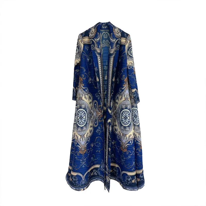 Miyake 2025 New Spring Folded Robe Loose Pleated Fashion Light Luxury Noble Middle East Printed Plisse Coat Jacket Cloak Women