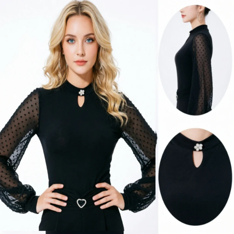 

Women's Modern Dance Tops with Lantern Sleeves,Mock Neck Design, Long Sleeve Ballroom Dance Jumpsuit for Waltz&Stage Performance