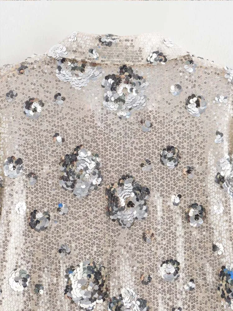 Design Floral sequin shirt for women 2025 Spring summer Fashion Long sleeve blouse Lady Loose Mesh tops see-through INKEO 5T013