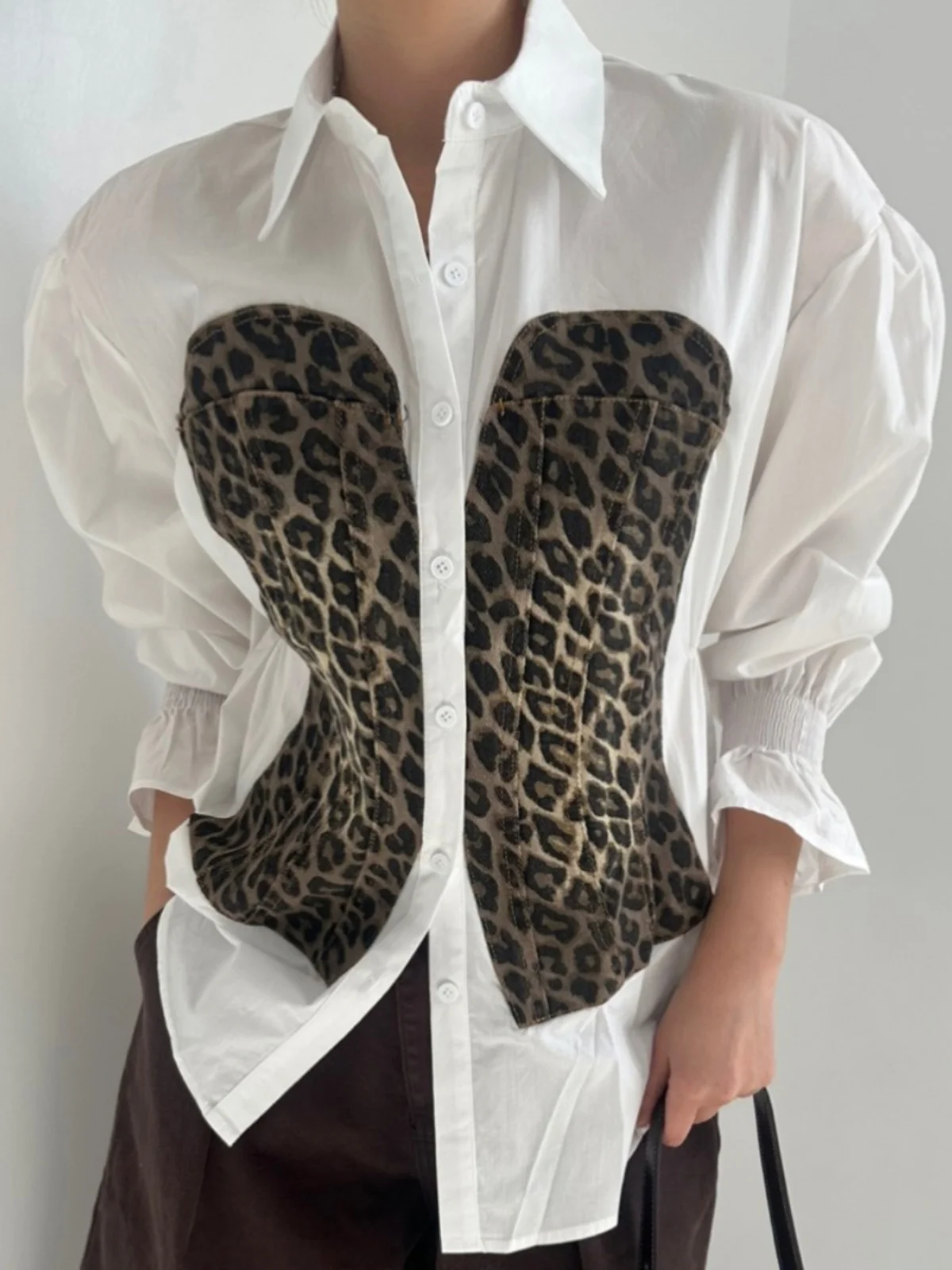 

Spring New Women's Loose Bubble Sve irt Elastic Waist Design Faionable Leopard Print Korean Sle Office Wear Long Sle...