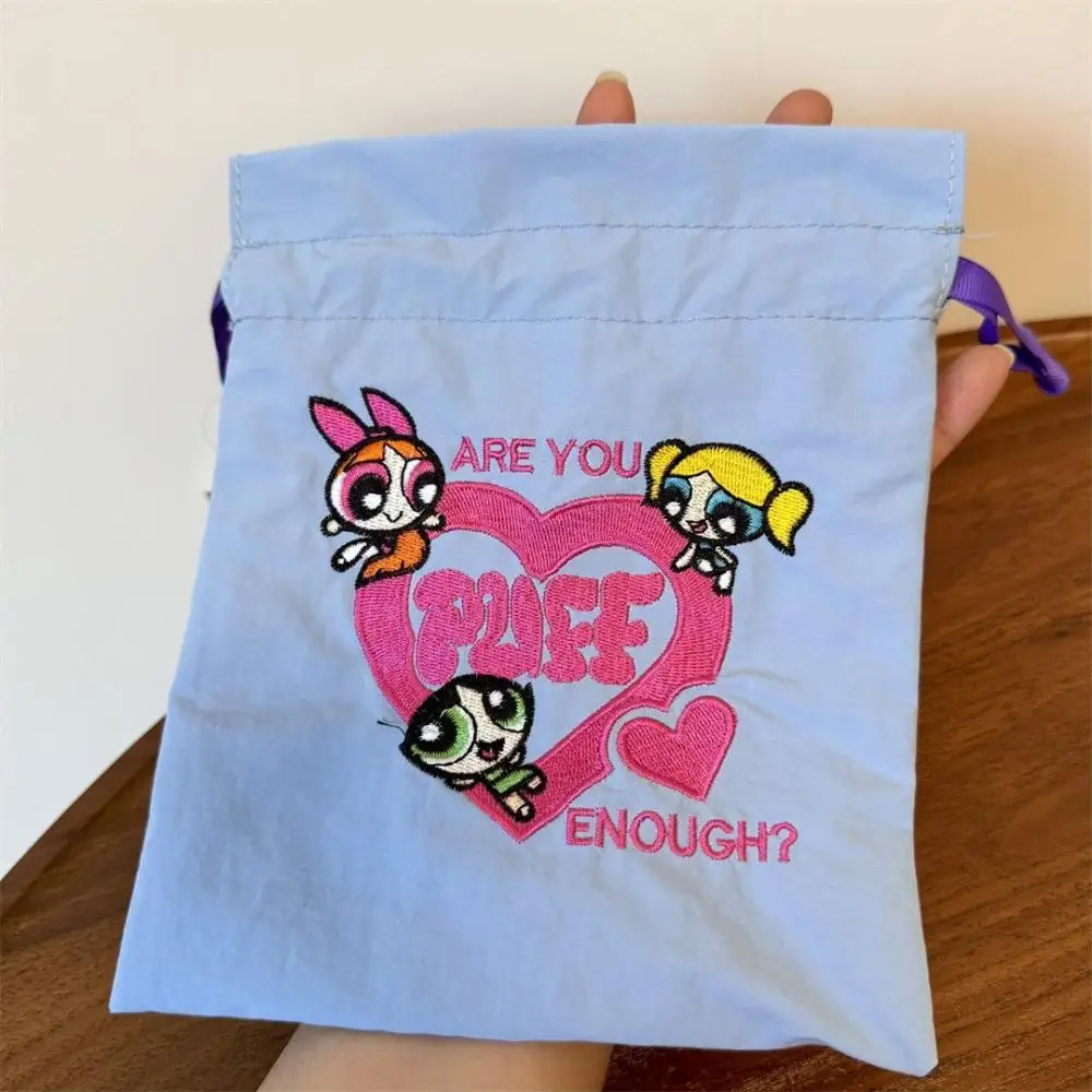 Cute Travel Storage Bag Anime The Powerpuff Girls Embroidered Bundled Bag Cartoon Drawstring Portable Makeup Bag