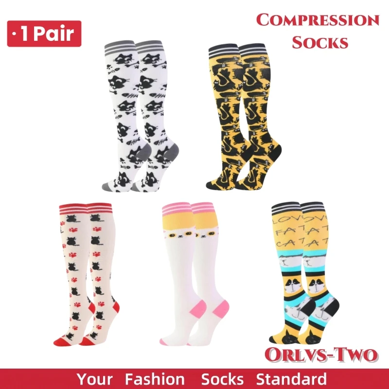1 Pair Cute Cat Compression Socks Knee High 20-30 Mmhg Fit Medical Edema Diabetes Varicose Veins Running Sports Socks