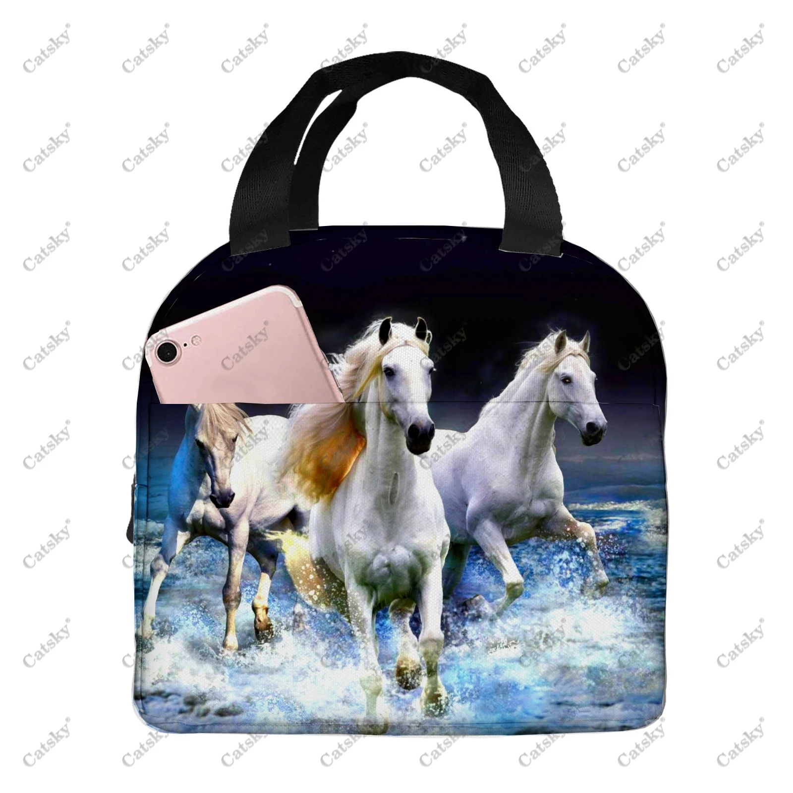 Animal Horse wallpaper Portable aluminum foil thickened insulated lunch bag meal printed waterproof insulated lunch tote bags