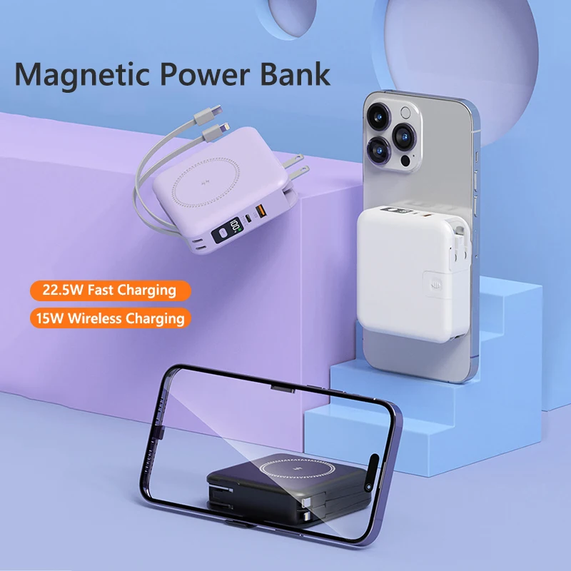 

10000 мАч Magsafe Power Bank с кабелем переменного тока, беспроводное быстрое зарядное устройство, магнитный внешний аккумулятор для iPhone 15 16 pro Samsung S25 Xiaomi