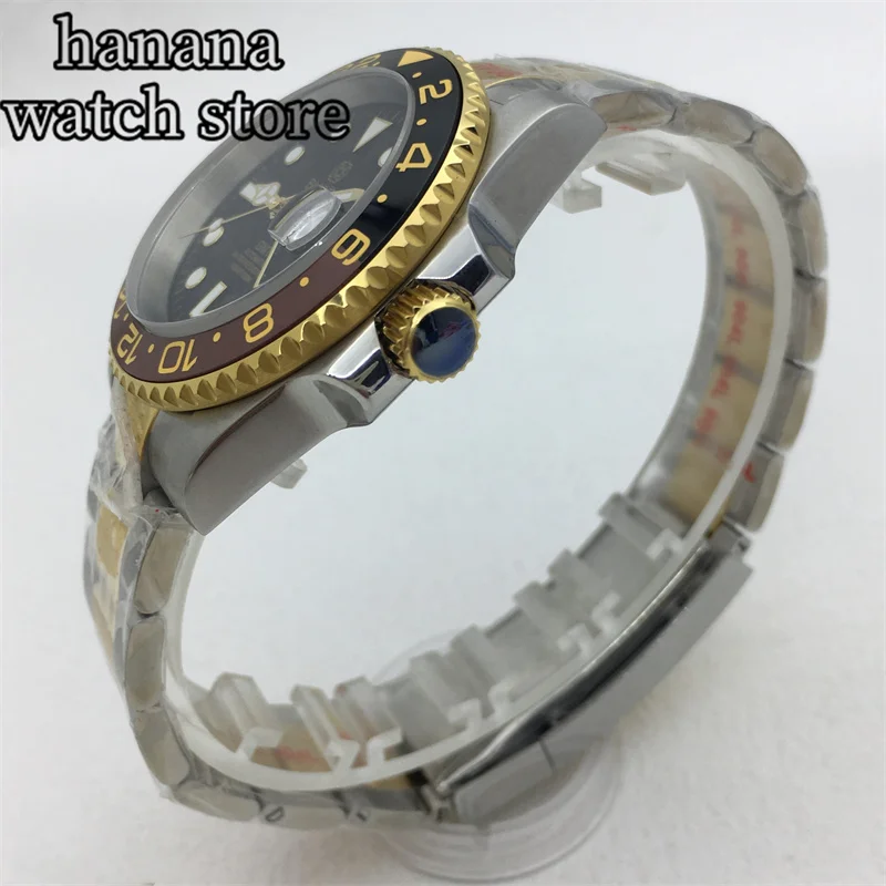 Мужские часы для дайвинга, механизм 40 мм GMT NH34, черный циферблат, зеленый светящийся браслет из нержавеющей стали, сапфировое стекло