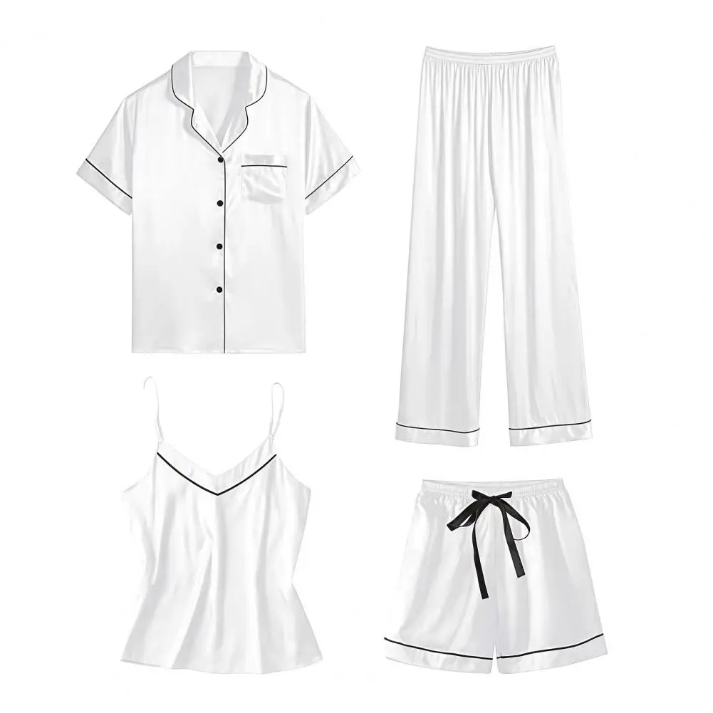 Women Pajama Set Women's 4-piece Satin Pajamas Set Sexy Cami Top Shorts Sleepwear Button-down Short Sleeve Shirt with Pants