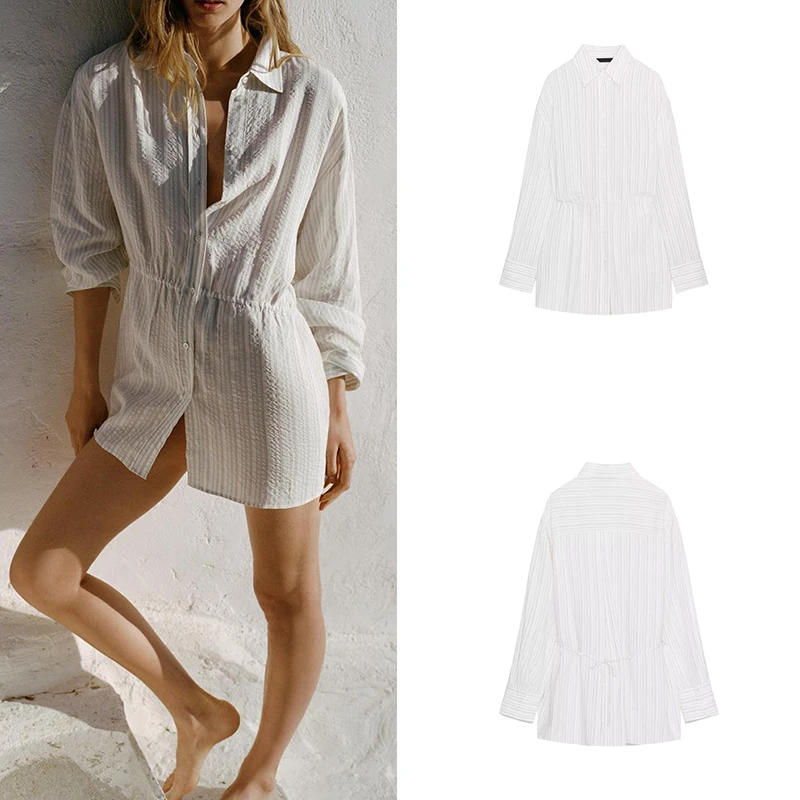 

Fashionable Long Sleeve Striped Shirt with Belt Women's Spring 2026 New Arrival European Style Loose Fit Button up Casual Shirt