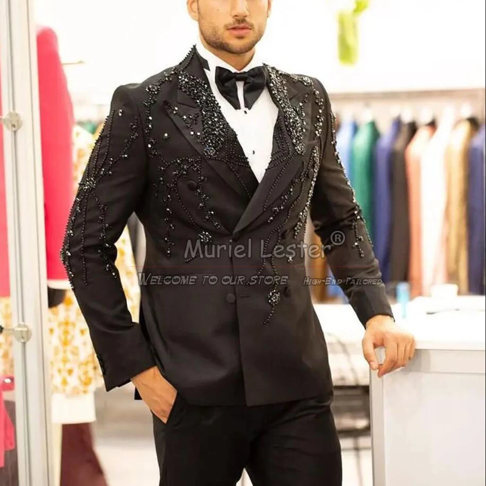 Elegant Beaded Stones Suit Men Wedding Doubel Breasted Party Man Groom Tuxedos Prom Party Blazer Customized traje de hombre 2025