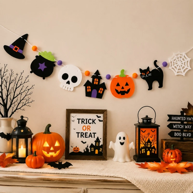 Halloween Felt Banner Garland Assorted Styles Hanging Bunting Flags for Party Home Wall Fireplace Mantel Decoration Supplies