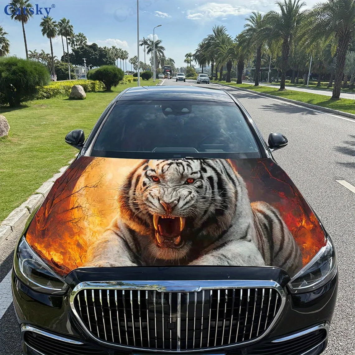 White Tiger in Flame, Car Hood Sticker, PVC Waterproof Self-Adhesive Car Hood Sticker, Car Hood Decoration Protection Sticker, A
