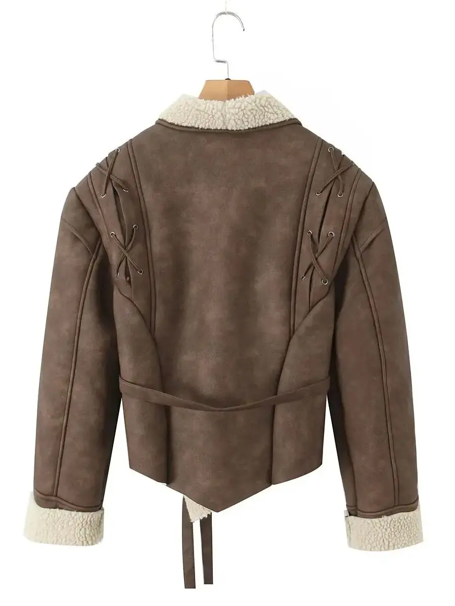 เสื้อแจ็คเก็ตหนังผู้หญิง พร้อมเข็มขัด เสื้อโค้ทขนสัตว์ แฟชั่นสตรีทแวร์ เสื้อคลุมสีพื้น เสื้อแจ็คเก็ตผู้หญิงสุดหรู แจ็คเก็ตหนังสำหรับผู้หญิง