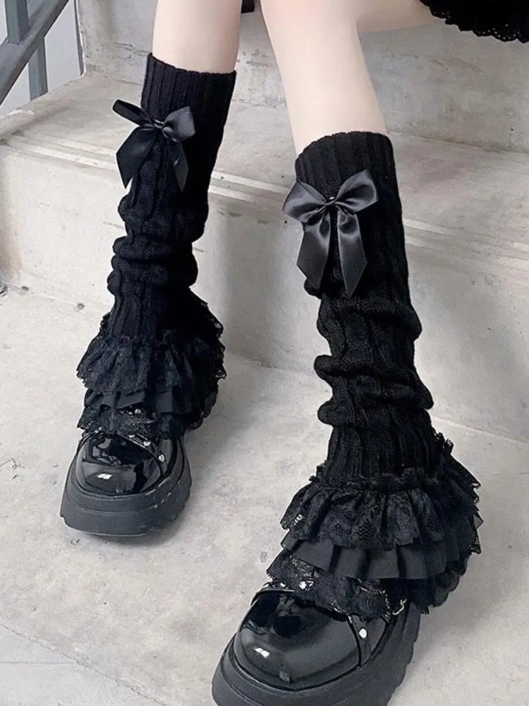 Niedliche Spitzen-Strick-Beinstulpen im Harajuku-Lolita-Stil, weiße Fußabdeckung, Kawaii JK Wadenstulpen, süße Beinwärmer