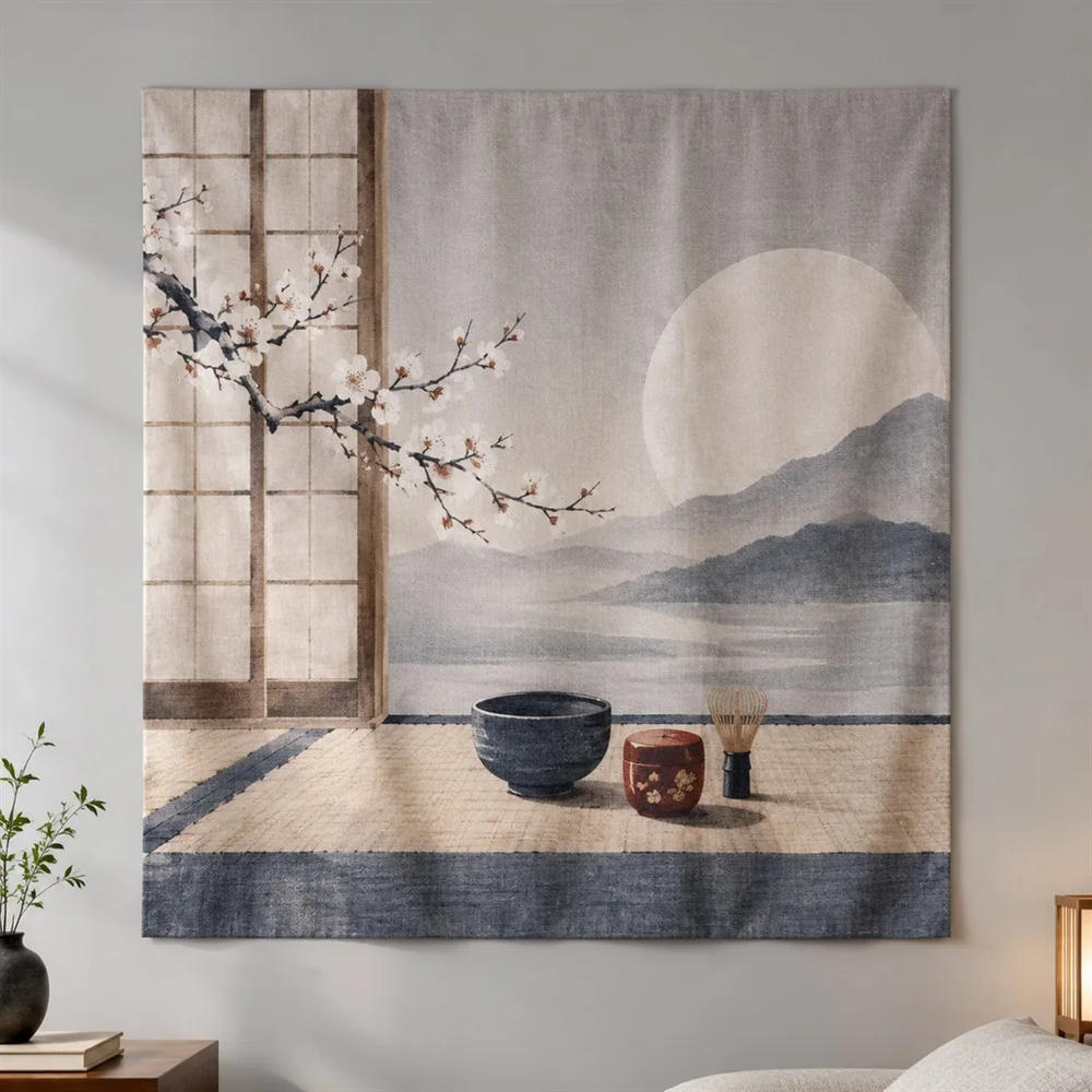VIKAMA Tea Room Still Life Clustered Groups Tapestry Wall Hanging, Japanese Wall Decor Tapestries for Living Room Bedroom