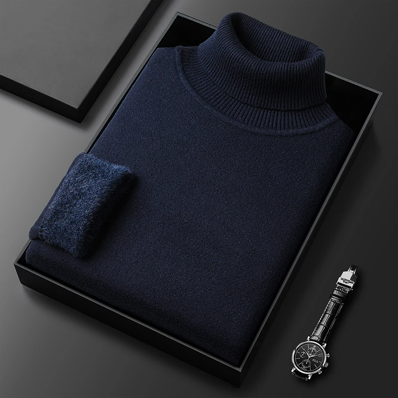 

Light Luxury Trend, Simple Men's Sweater, New Knitted Sweater, High Neck with Thick Velvet and Warm Base Top