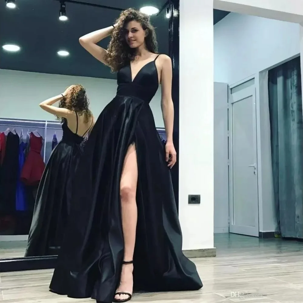 Black Ball Gown Deep V Neck A Line Evening Gown Spaghetti Straps High Slit Swing Train Satin Special Occasion Gown 2024