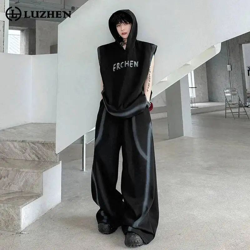 

LUZHEN 2026 Summer Tie-dyed Stripe Letter Hoodies Sleeveless Sweatshirt Loose Wide Leg Casual Pants Men's Two-piece Sets JY6916