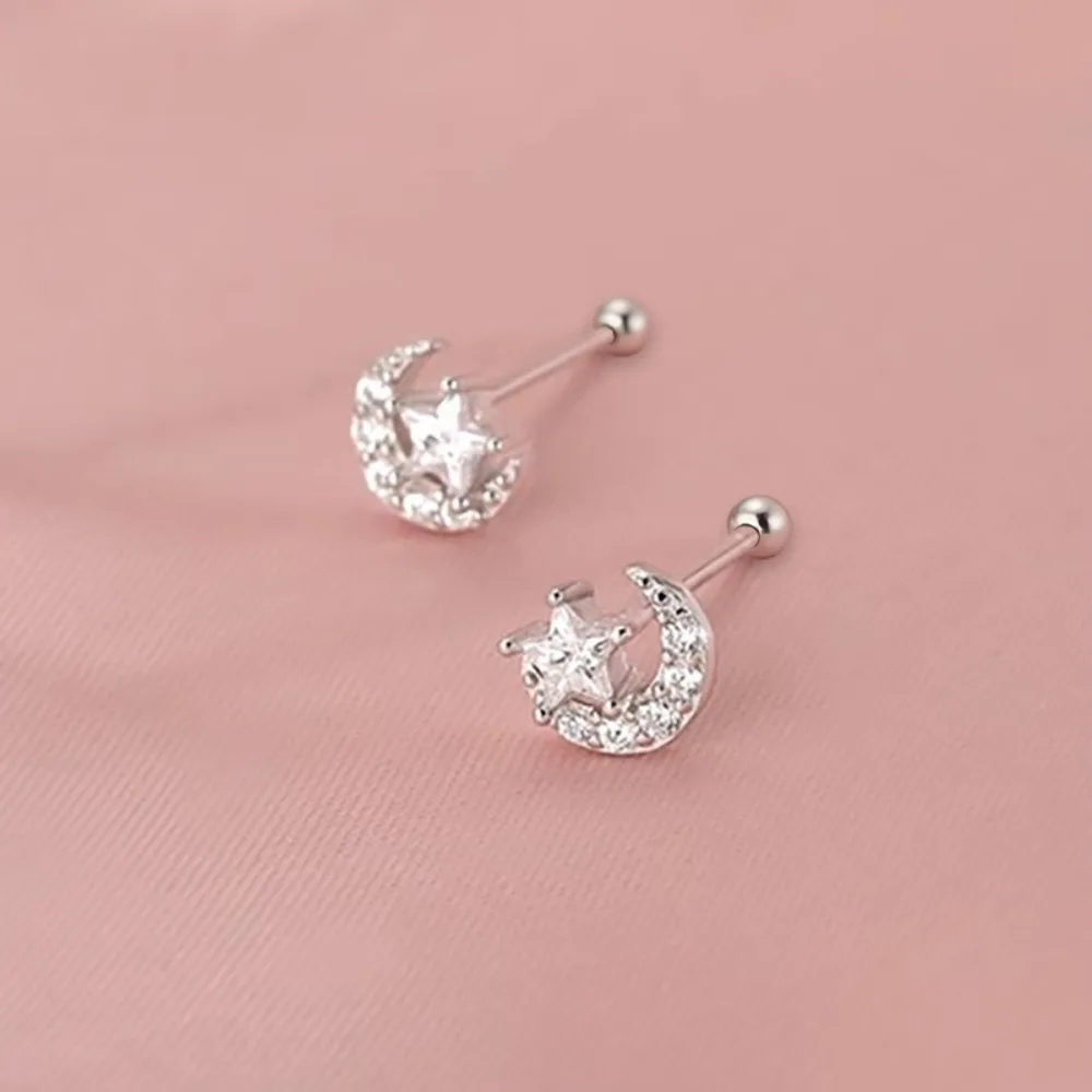 Moon Star Stud Earrings 925 Sterling Silver Plated with Clear Zircon Minimalist Fashion Jewelry for Women Ear Piercing Care Gift