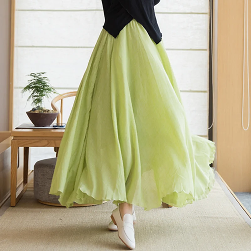 

Women Spring Summer Cotton Linen Elastic Waist Loose Skirt Retro Elegant Big Pendulum Long Double Layer Casual