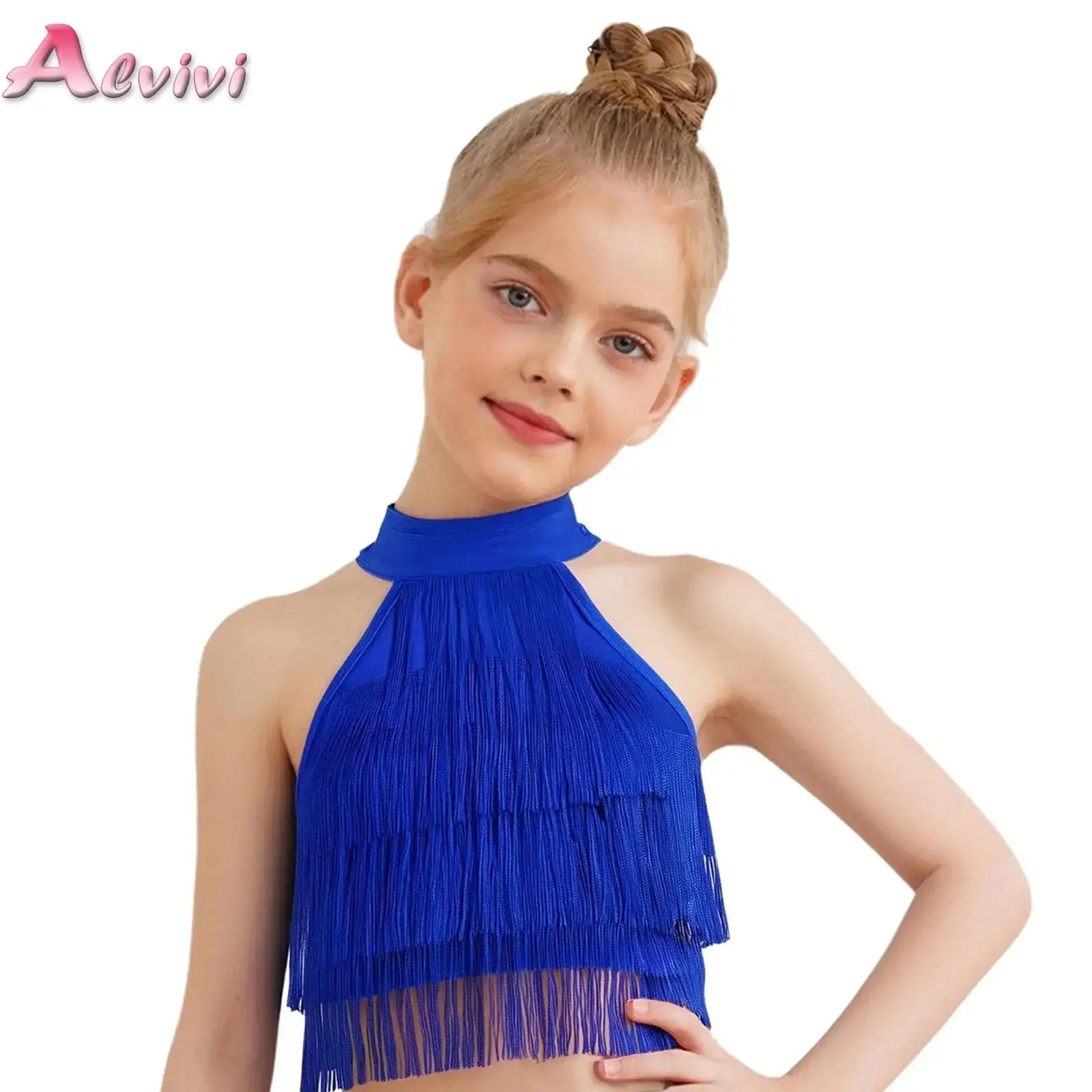 

Girls Fringe Crop Top Sleeveless Strappy Back Tiered Tassel Modern Latin Dance Tank Vest Kid Stag Performance Costume Dancewear