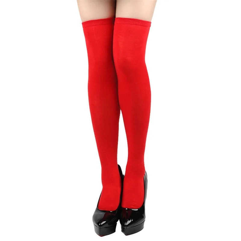 Women Thigh High Socks Solid/Striped Elastic Soft Hold-up Stockings Compression Socks for Christmas Candy Color Long Socks