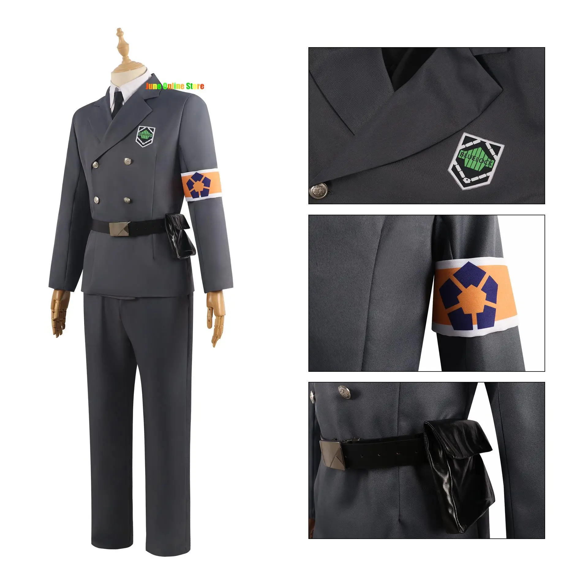 Azul bloqueio guarda uniforme yo hiori sae itoshi shoei baro cosplay traje capa boné braçadeira cinza uniforme militar peruca chapéu gravata cinto