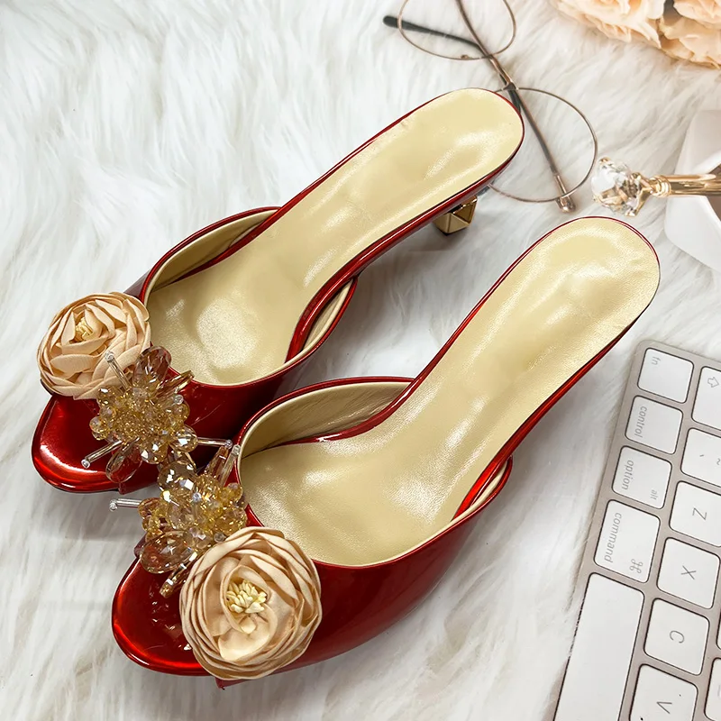 2024 Summer Flower Crystal Sandals Leather Plus Peep Spout Women Metal Trim Heel Sandals  Big Size