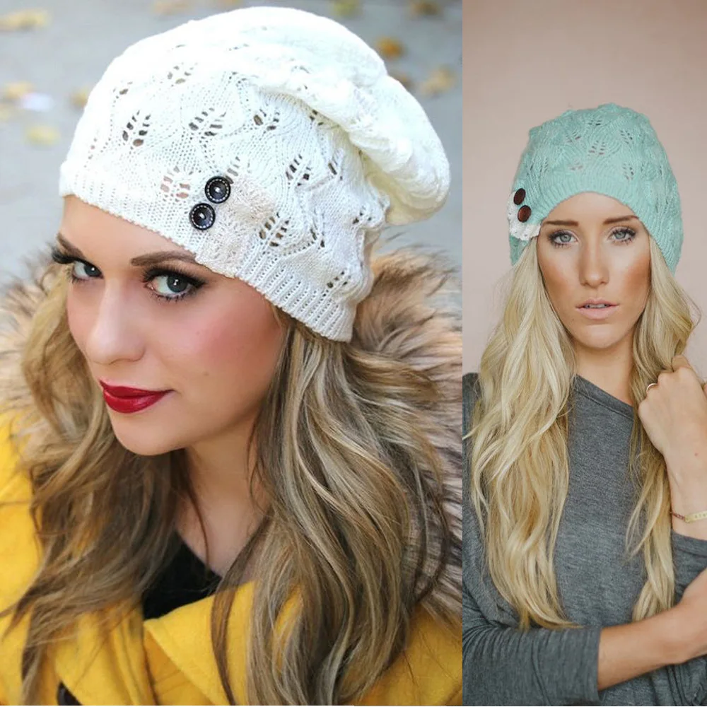 3 pairs Fashion New Women Women Out Knitted Beret HatAutumn Winter Solid Knitted Hollow Out Casual Bone Soft Cap Hat For Women