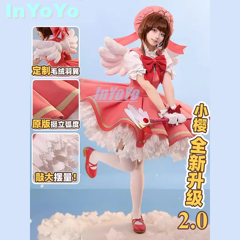 InYoYo Sakura Cosplay Costume Anime Card Captor Pink Lolita Lovely Dress Wings Carnival Halloween Party Outfit For Women NEW