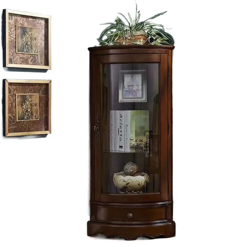

American all solid wood, triangular cabinet, dining side, curved, glass door, living room, solid wood