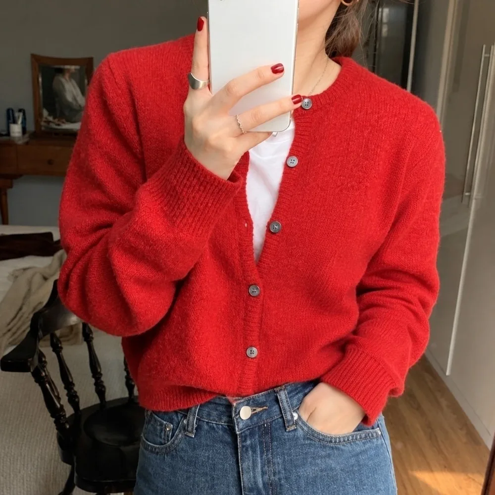 Single Breasted Knitted Cardigan Solid Knitted Autumn Winter Korean Cardigan O-Neck Long Sleeve Long Sleeve Sweater For Women