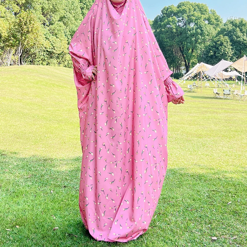 Floral Print One-piece Jilbab for Women, Muslim Prayer Dress Hooded Abaya, Dubai Turkish Islamic Clothing, Hijabi Robe, Ramadan