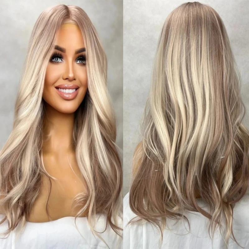 Ombre Ash Blonde Brown Loose Wave Heat Safe Lace Front Synthetic Wig Free Part Glueless Natural Looking Realistyczna peruka do włosów