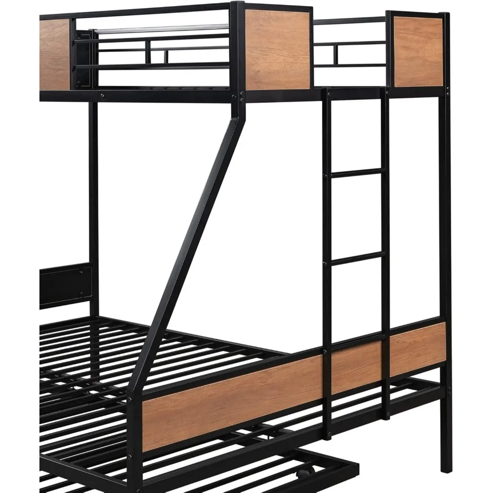 Twin over Full Bunk Beds with Trundle,Heavy Duty Metal Bed Frame with Safety Rail Side Ladders for Dormitory Bedroom Boys Girls