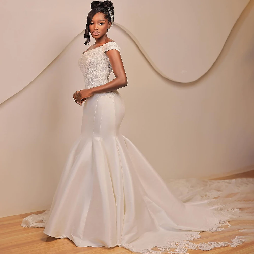 

African Satin Mermaid Wedding Dresses for Bride Off Shoulder Lace Garden Beach Summer Bridal Gowns robes de mariee Customized